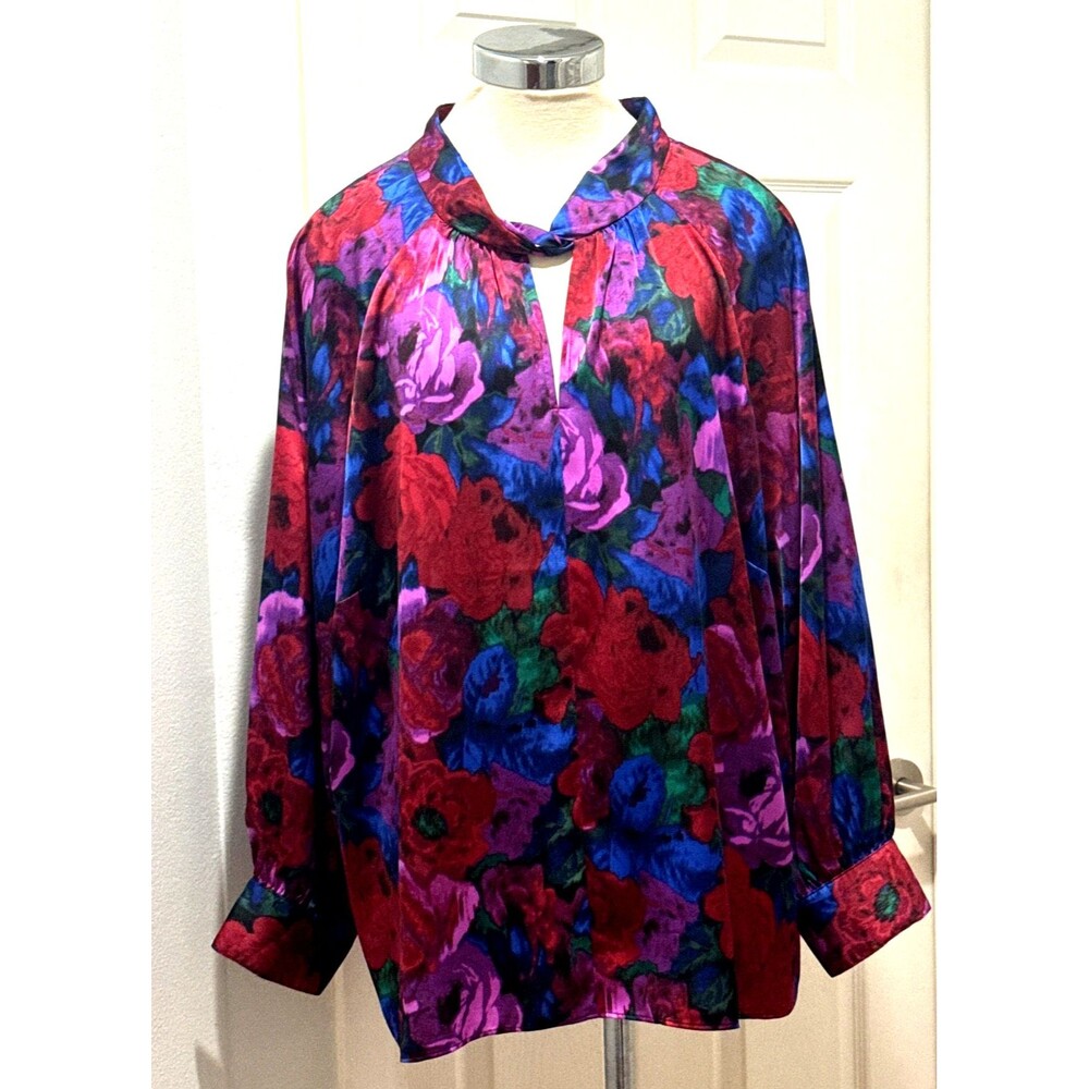 TALBOTS 3X Twist Neck Soft Satin Charmeuse Wrapped Floral Fairy Blouse Top
